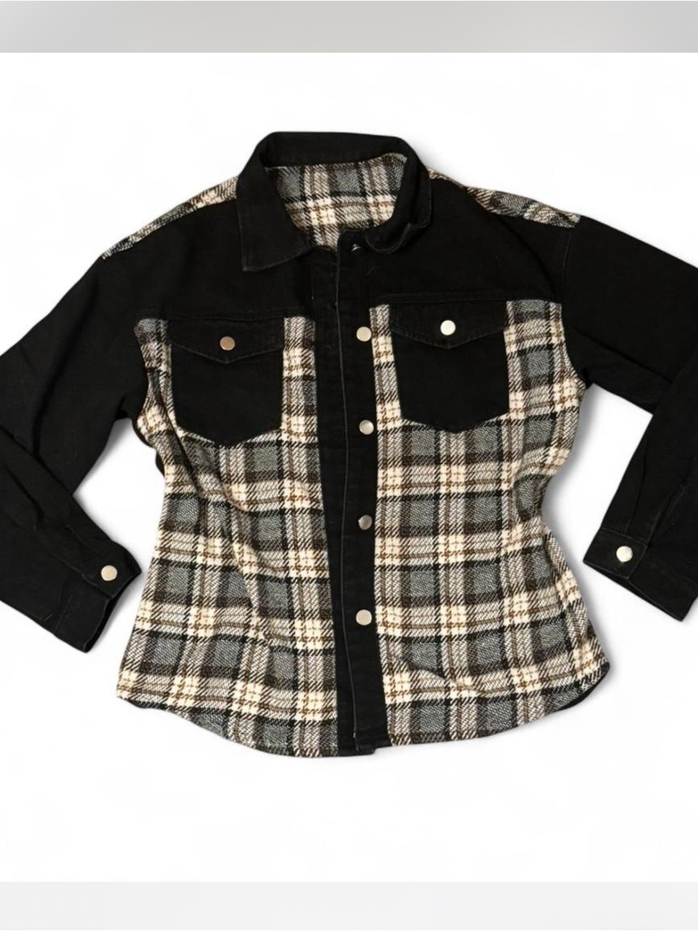 Womens Black Plaid Button-Up Shirt Jacket